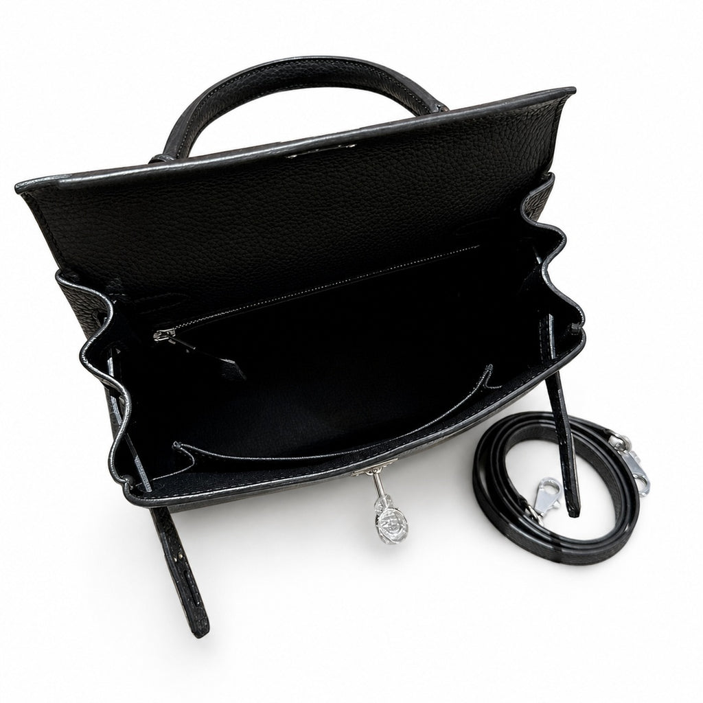 Kelly 25cm in Black Togo Leather with Silver Buckle Handmade — Streamlined Top-Handle Handbag