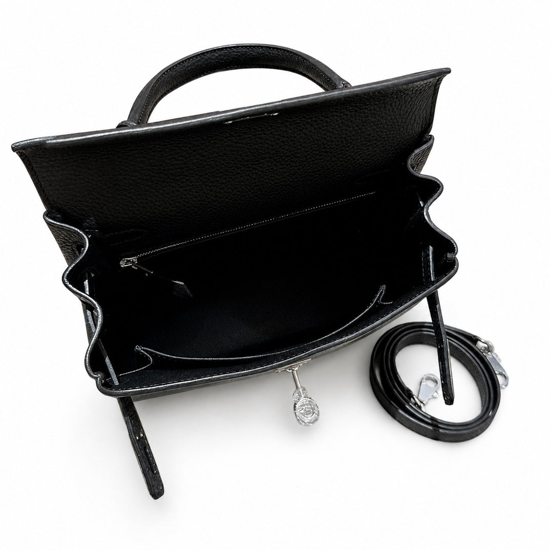 Kelly 25cm in Black Togo Leather with Silver Buckle Handmade — Streamlined Top-Handle Handbag