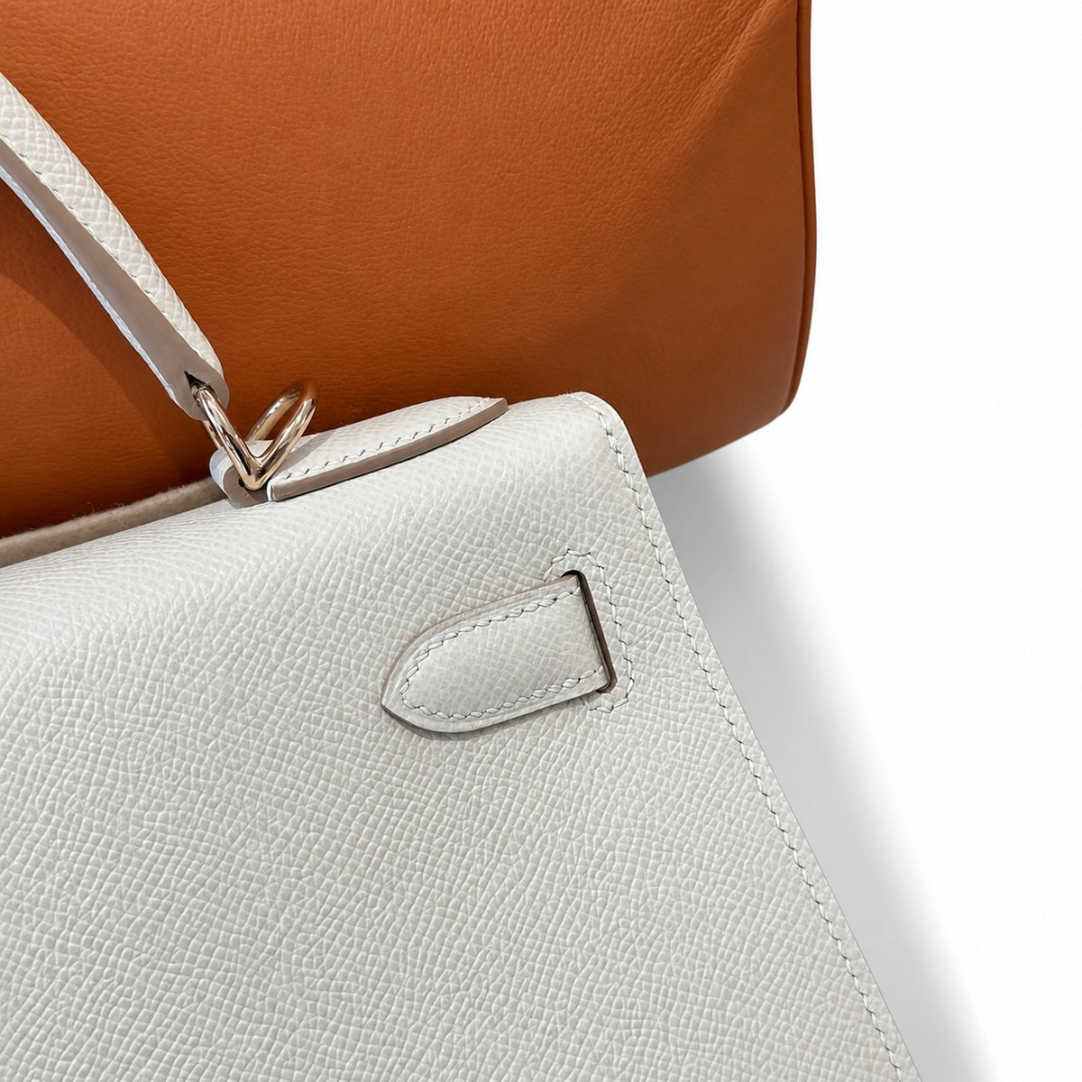 Kelly 28cm in Milkshake White Epsom Leather with Rose Gold Buckle Handmade — Polished Structured Handbag