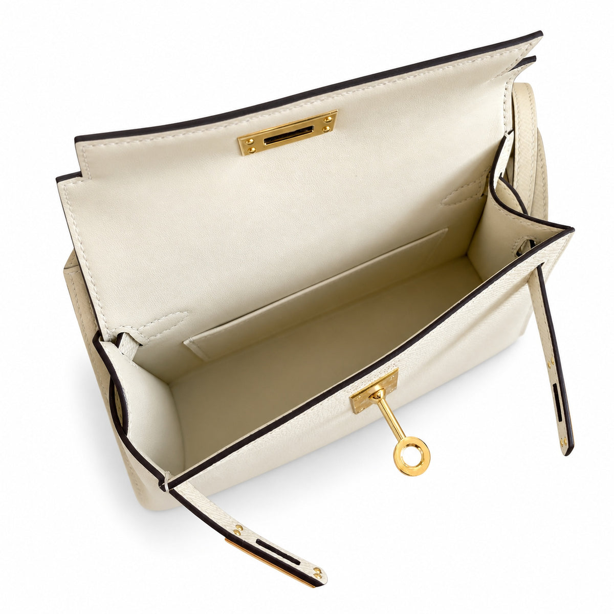 handmade Mini Kelly II 19cm imported Epsom Leather cream White Gold Buckle — Streamlined Mini Handbag