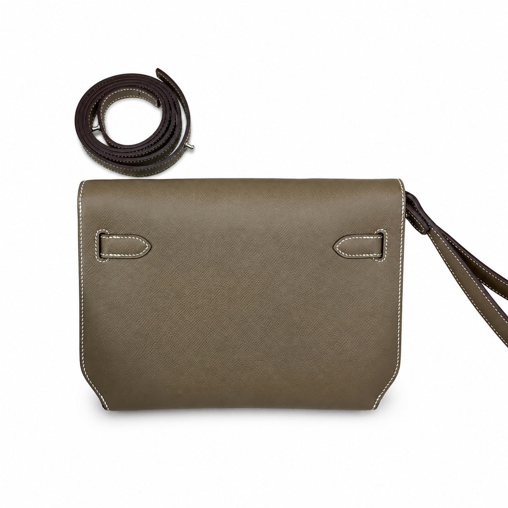 Structured Hand-Carry Clutch: Kelly Depeches 25cm Epsom Leather, 18 Elephant Gray, Silver Buckle
