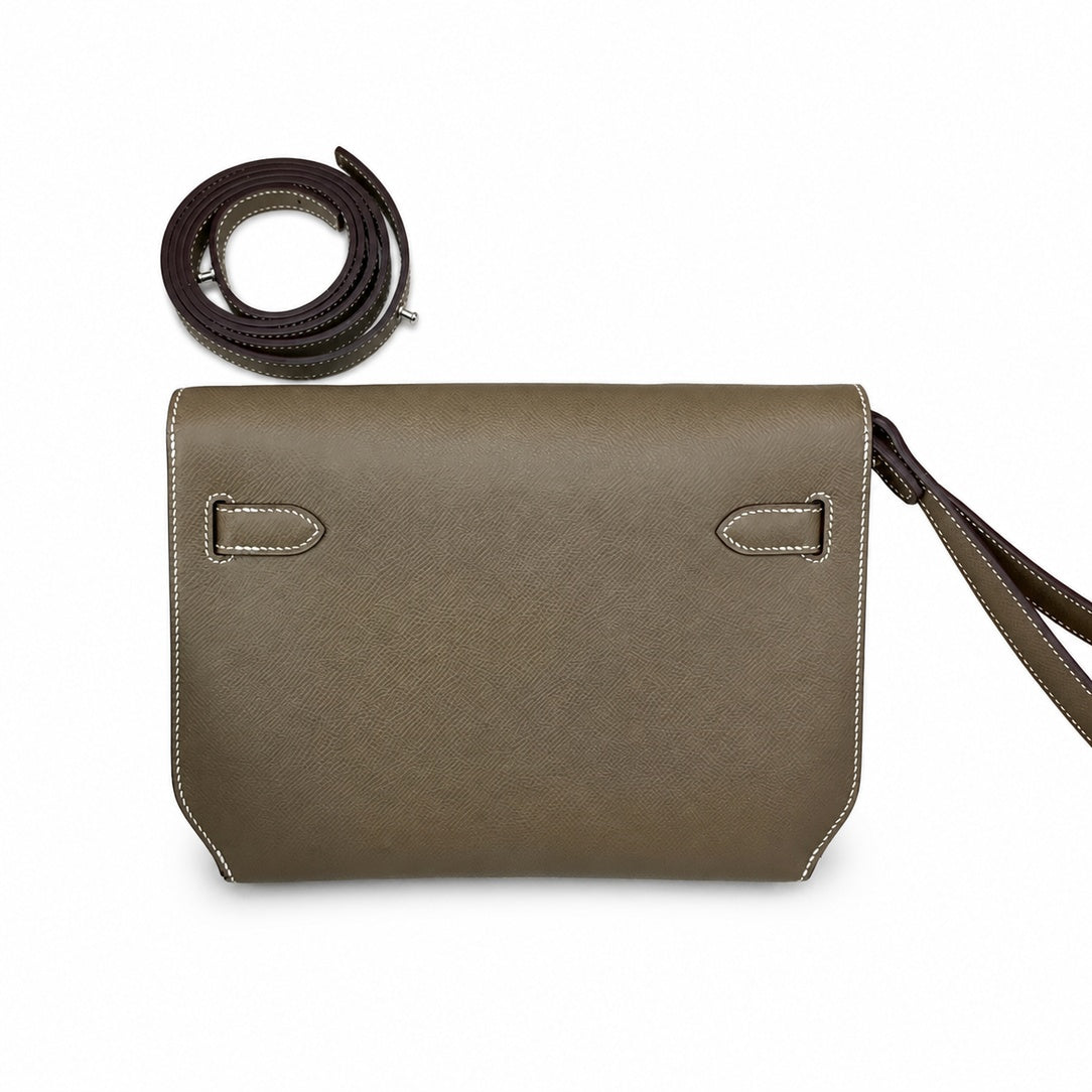Kelly Depeches 25cm Epsom Leather, 18 Elephant Gray, Silver Buckle — Polished Convertible Bag