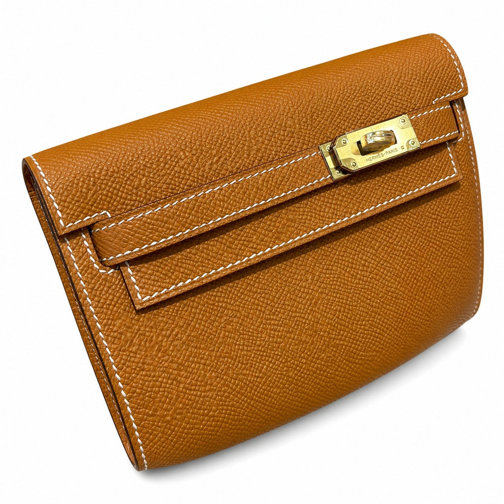 Kelly to go Color: ck37/Gold Size: 19*11.5*1.5cm Leather: Epsom Hardware: Gold Kelly crossbody bag, Golden Brown, cowhide, Gold Buckle, handmade P — Elegant Petite Clutch