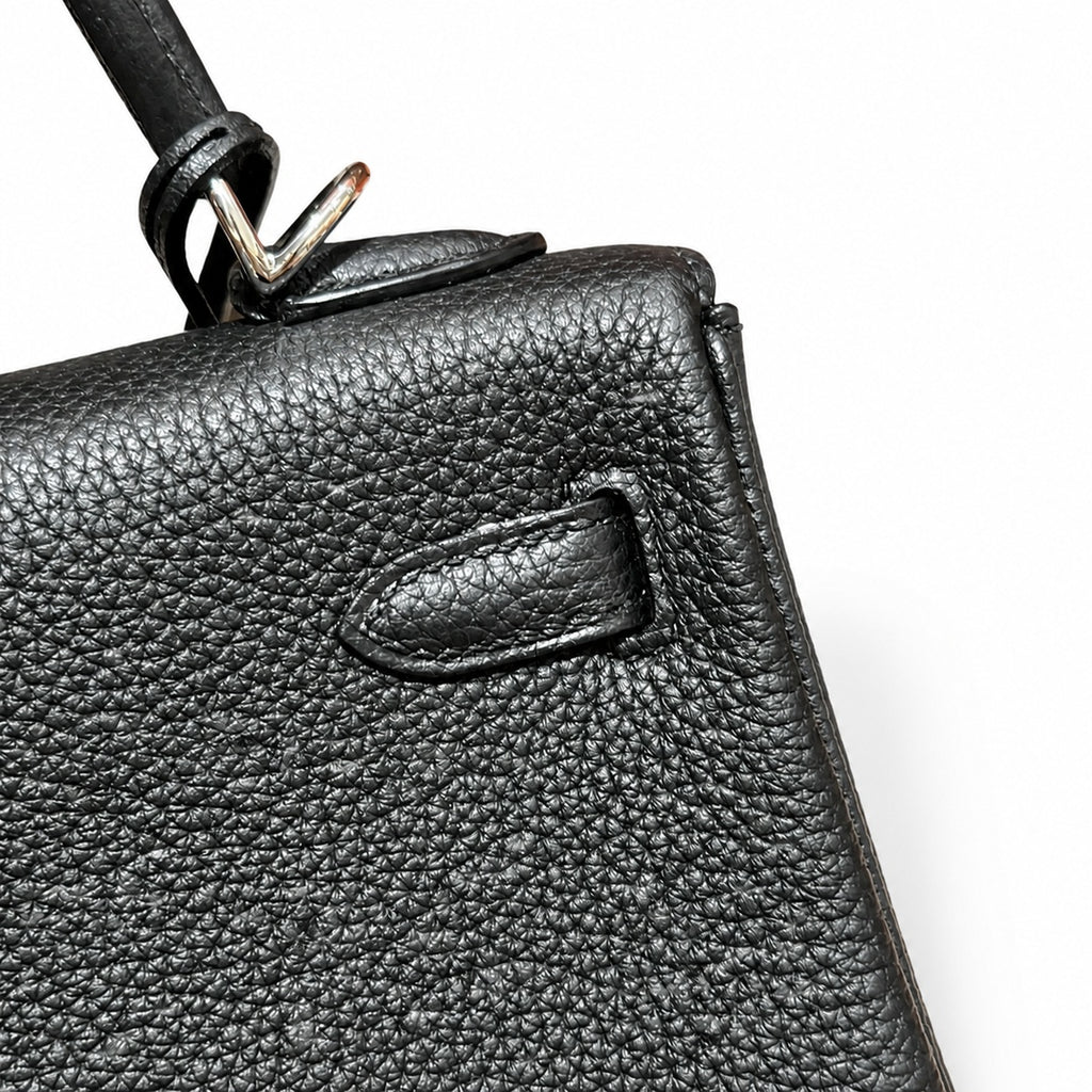 Kelly 25cm in Black Togo Leather with Silver Buckle Handmade — Streamlined Top-Handle Handbag