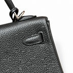 Kelly 25cm in Black Togo Leather with Silver Buckle Handmade — Streamlined Top-Handle Handbag