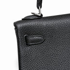 Kelly 25cm in Black Togo Leather with Silver Buckle Handmade — Streamlined Top-Handle Handbag