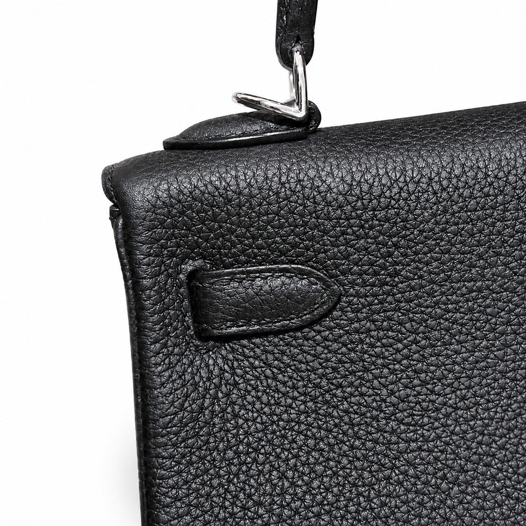Kelly 25cm in Black Togo Leather with Silver Buckle Handmade — Streamlined Top-Handle Handbag
