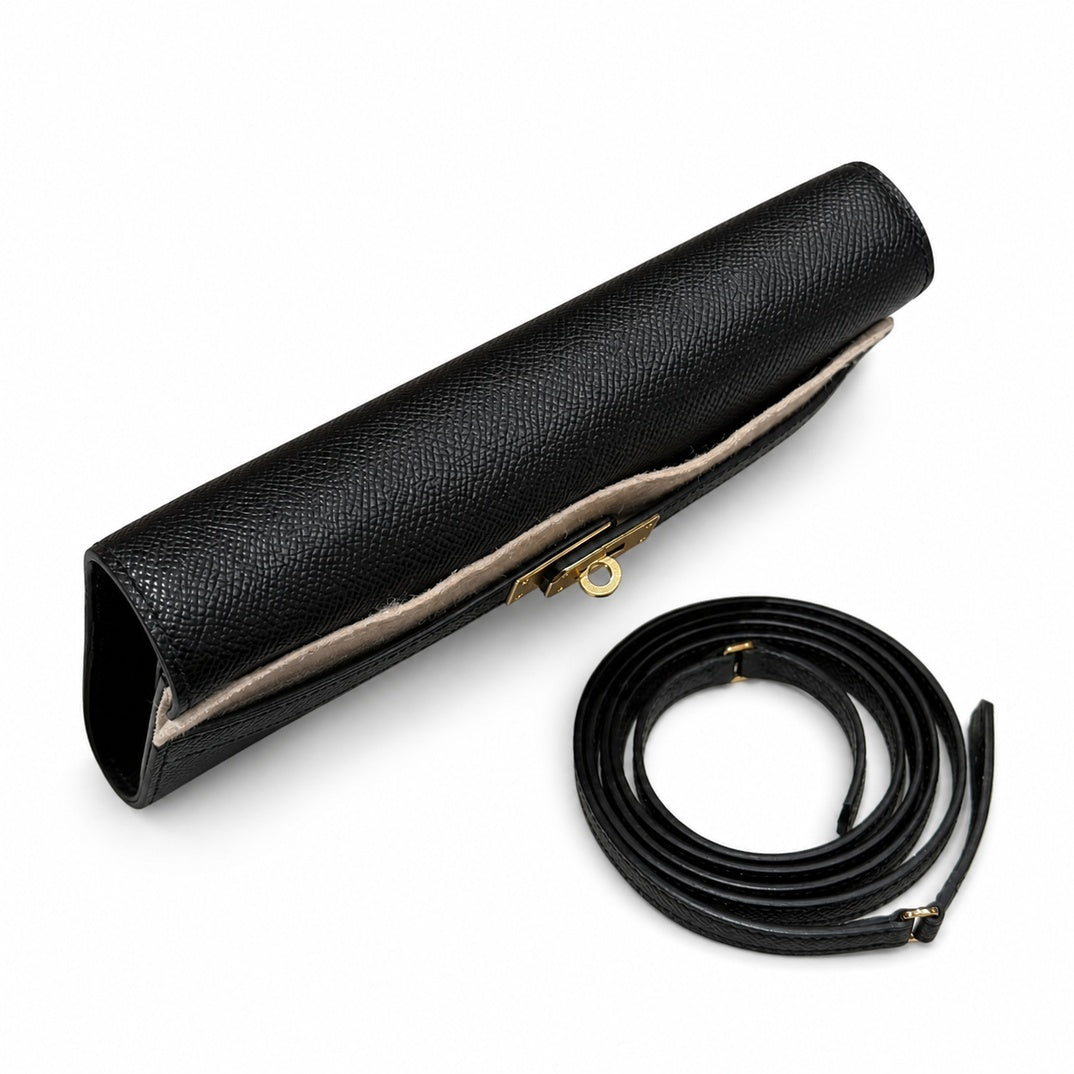 Kelly to go Color: ck89/Noir Size: 19*11.5*1.5cm Leather: Epsom Hardware: Gold shoulder crossbody bag, clutch bag, Black, cowhide, Gold Buckle — Refined Small Hand-Carry Bag