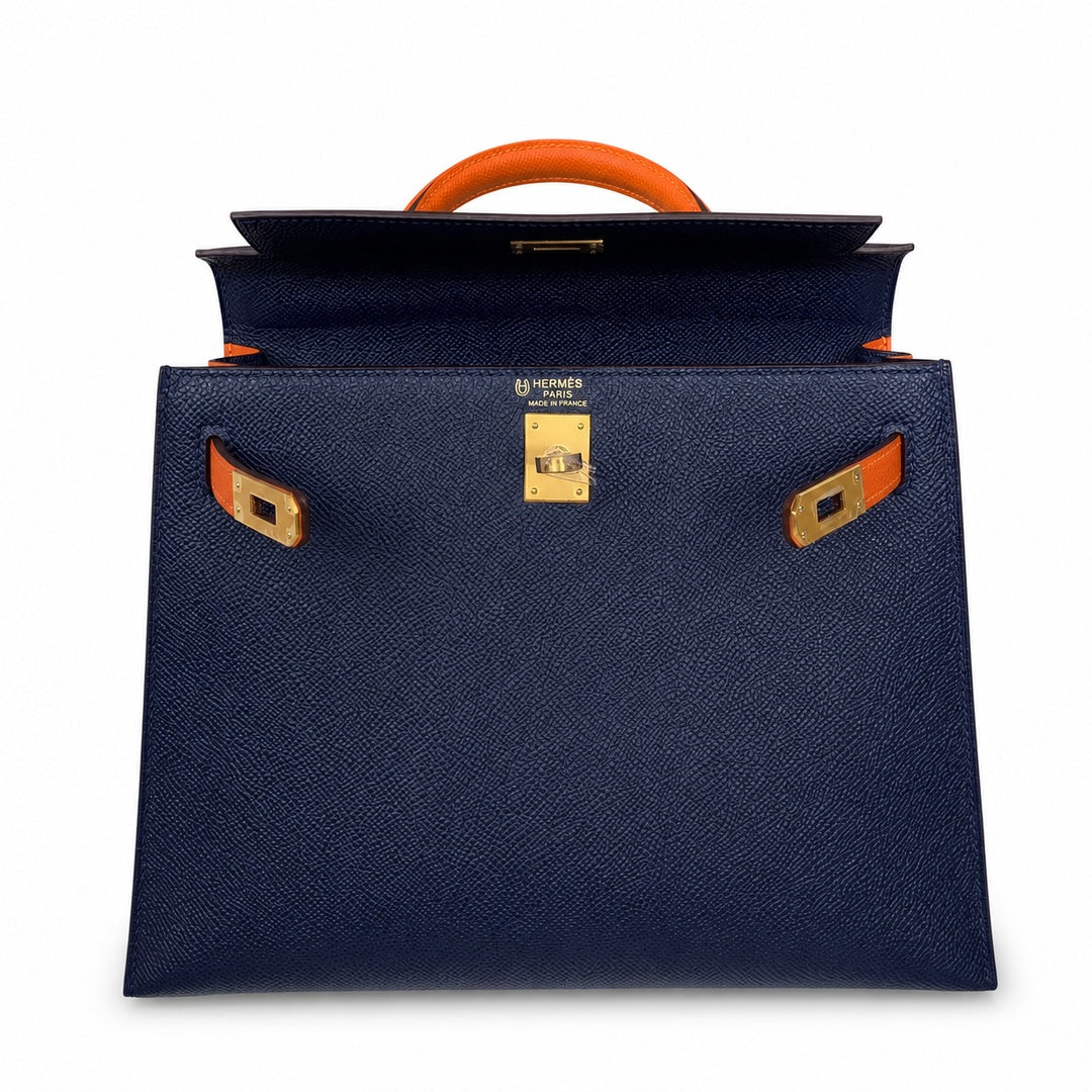 Kelly 25 sapphire blue with classic orange Epsom frosted Gold Buckle handmade — Elegant Structured Carry Style