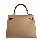 Kelly 28 Milk tea color with honey brown, Epsom with American color, Gold Buckle, hand sewing — Elegant Structured Carry Style