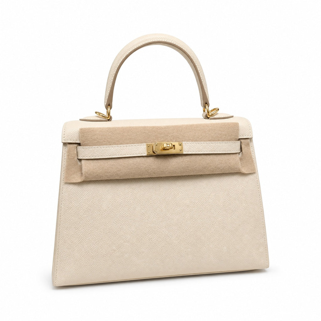 Kelly 25cm in Milkshake White Epsom Leather with Gold Buckle Handmade — Refined Top-Handle Bag
