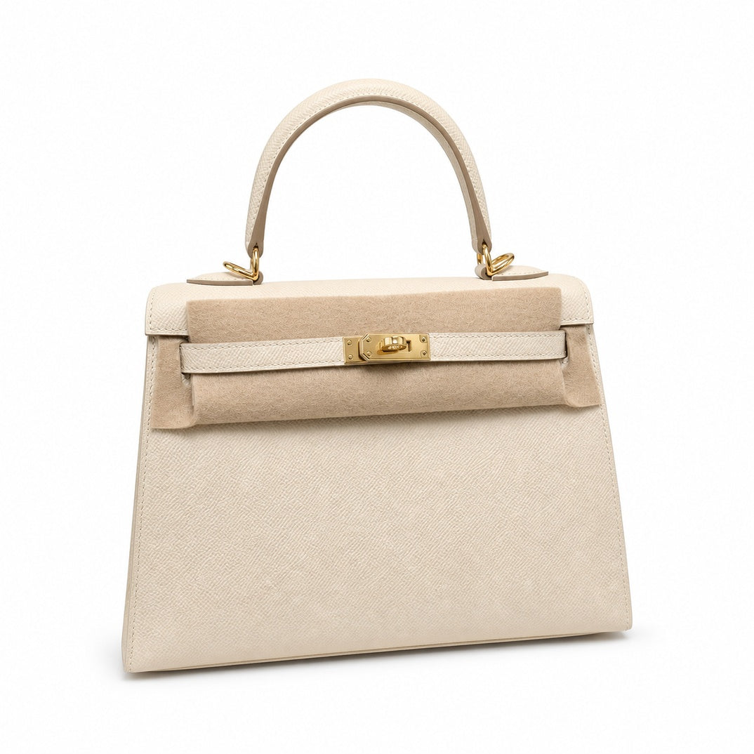 Kelly 25cm in Milkshake White Epsom Leather with Gold Buckle Handmade — Refined Top-Handle Bag