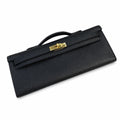 Kelly cut clutch evening bag Epsom Leather wax thread handmade Black Gold Buckle — Distinctive Slim Carry Style