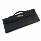 Distinctive Slim Carry Style: Kelly cut clutch evening bag Epsom Leather wax thread handmade Black Gold Buckle
