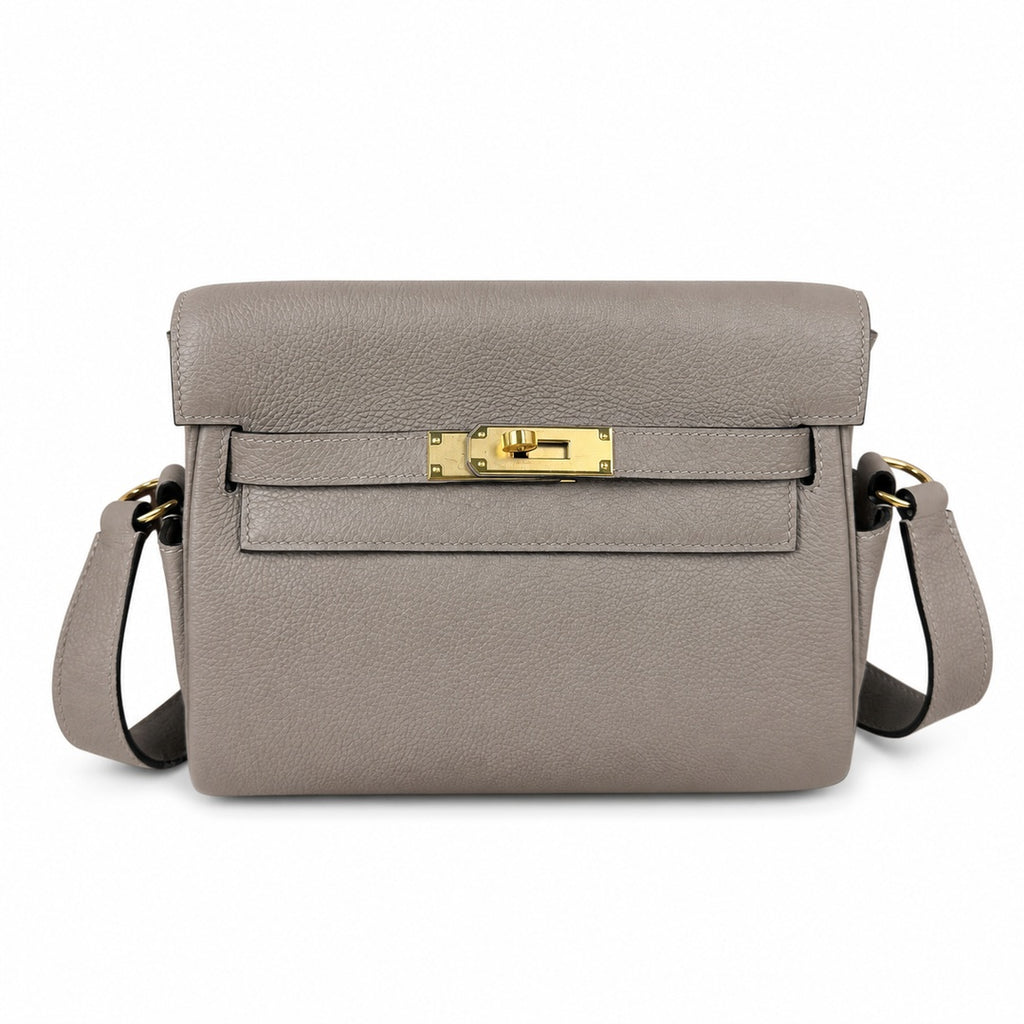 Kelly Messenger messenger bag for men and women, light gray Gold Buckle, imported leather, all-steel hand-waxed thread, the highest — Refined Top-Handle Bag