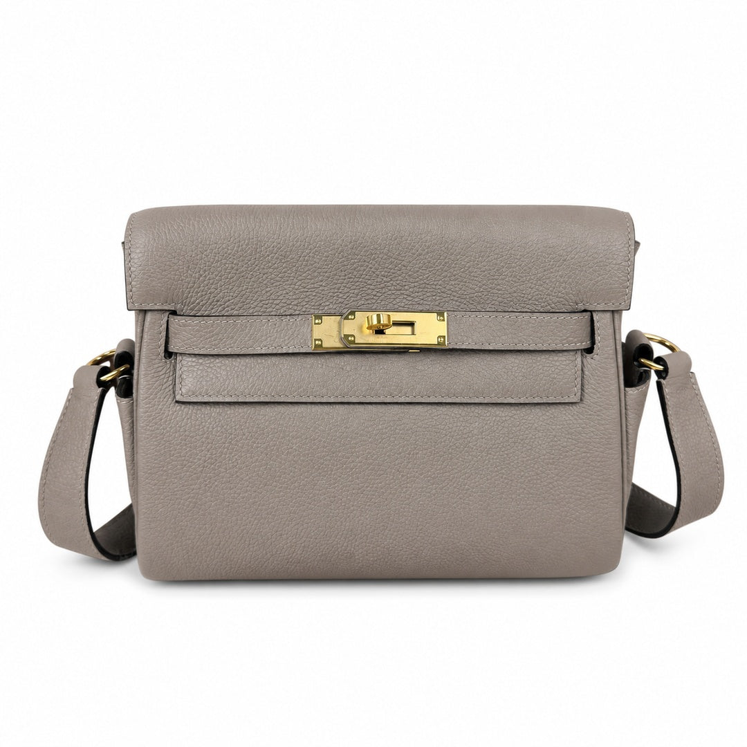 Kelly Messenger messenger bag for men and women, light gray Gold Buckle, imported leather, all-steel hand-waxed thread, the highest — Refined Top-Handle Bag
