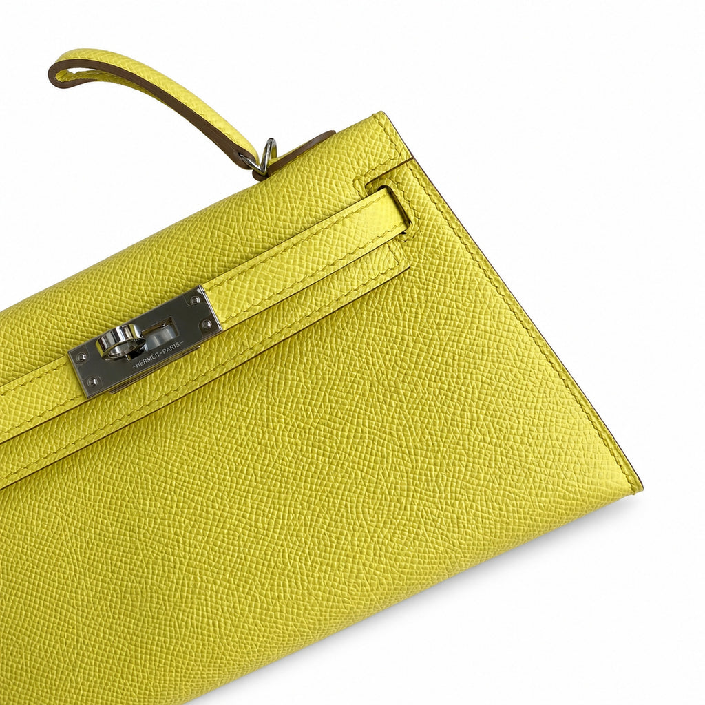 handmade Mini Kelly II 19cm imported Epsom Leather lemon yellow Silver Buckle — Streamlined Mini Handbag