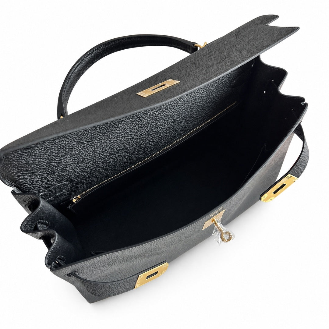 Kelly in Black Togo Leather with Gold Buckle Handmade — Structured Top-Handle Handbag