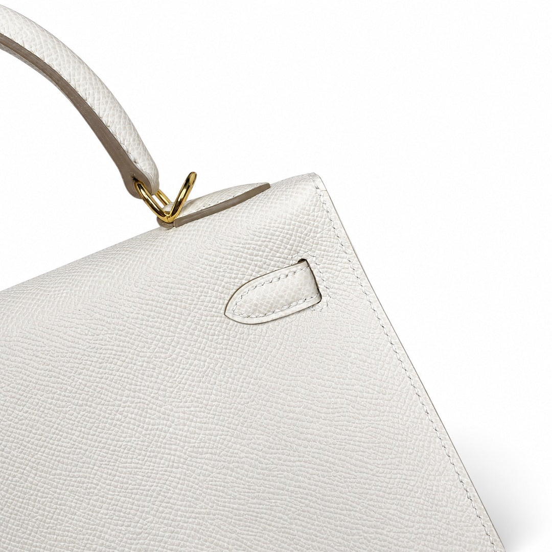 Kelly 25 Milkshake White Epsom Gold Buckle handmade with wax thread — Distinctive Hand-Carry Bag