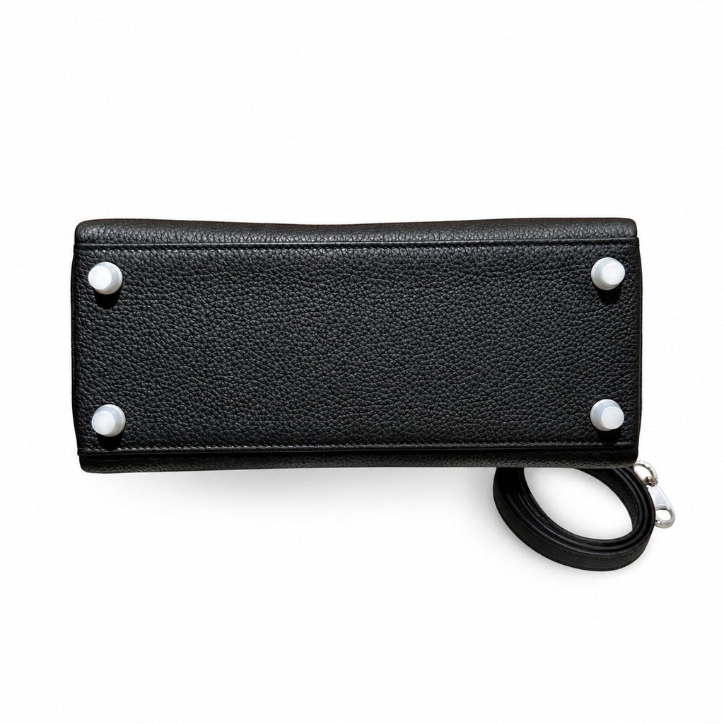 Kelly 25cm in Black Togo Leather with Silver Buckle Handmade — Streamlined Top-Handle Handbag