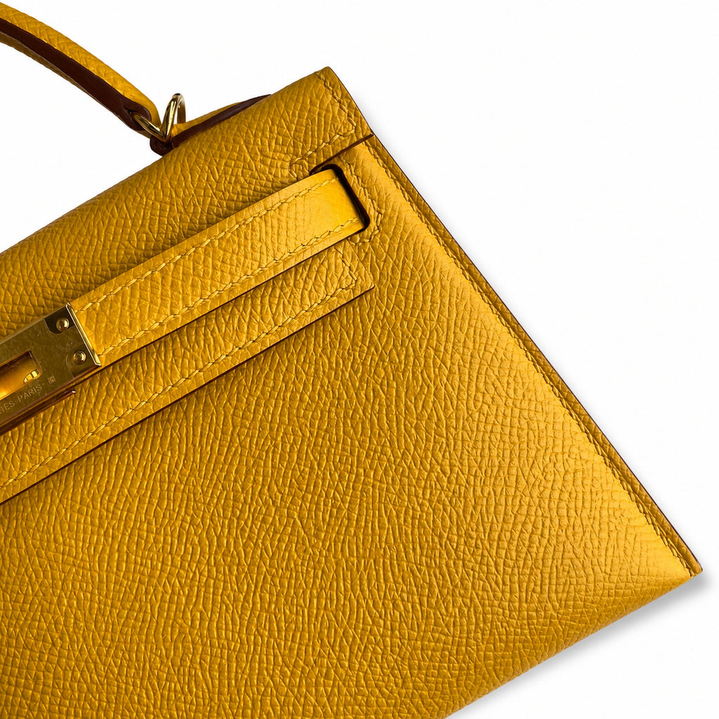 handmade Mini Kelly II 19cm imported Epsom Leather amber yellow Gold Buckle — Distinctive Petite Bag