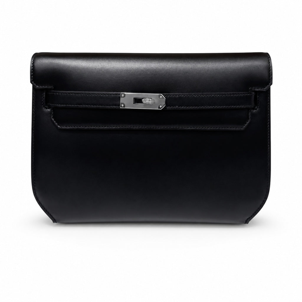 Kelly Depeches25 Black Silver Box Leather — Structured Hand-Carry Clutch