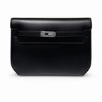 Kelly Depeches25 Black Silver Box Leather — Structured Hand-Carry Clutch