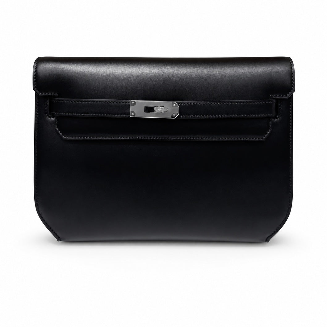 Kelly Depeches25 Black Silver Box Leather — Structured Hand-Carry Clutch