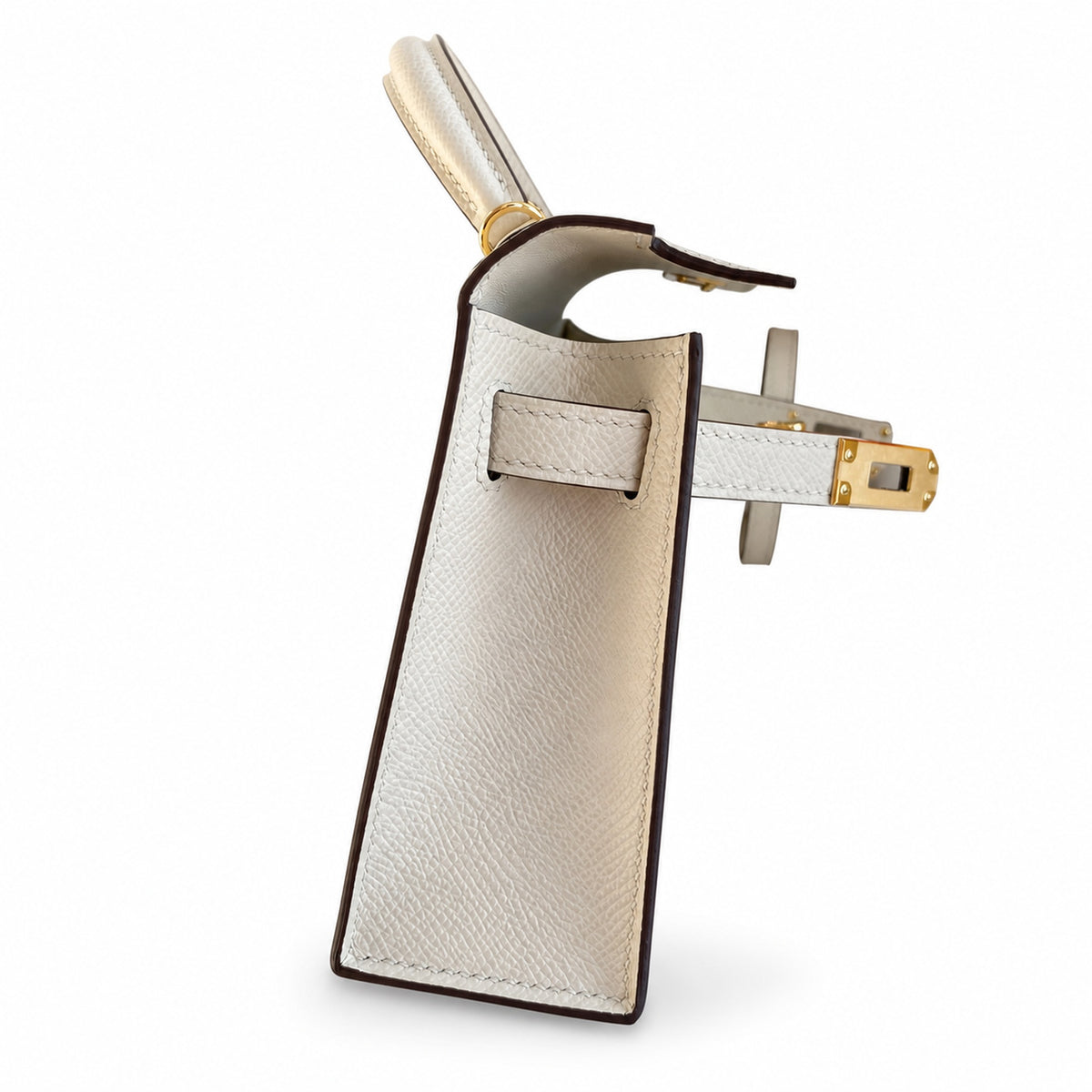 handmade Mini Kelly II 19cm imported Epsom Leather cream White Gold Buckle — Streamlined Mini Handbag