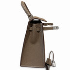 Kelly 25cm in Elephant Gray Epsom Leather with Silver Buckle Handmade — Distinctive Hand-Carry Bag