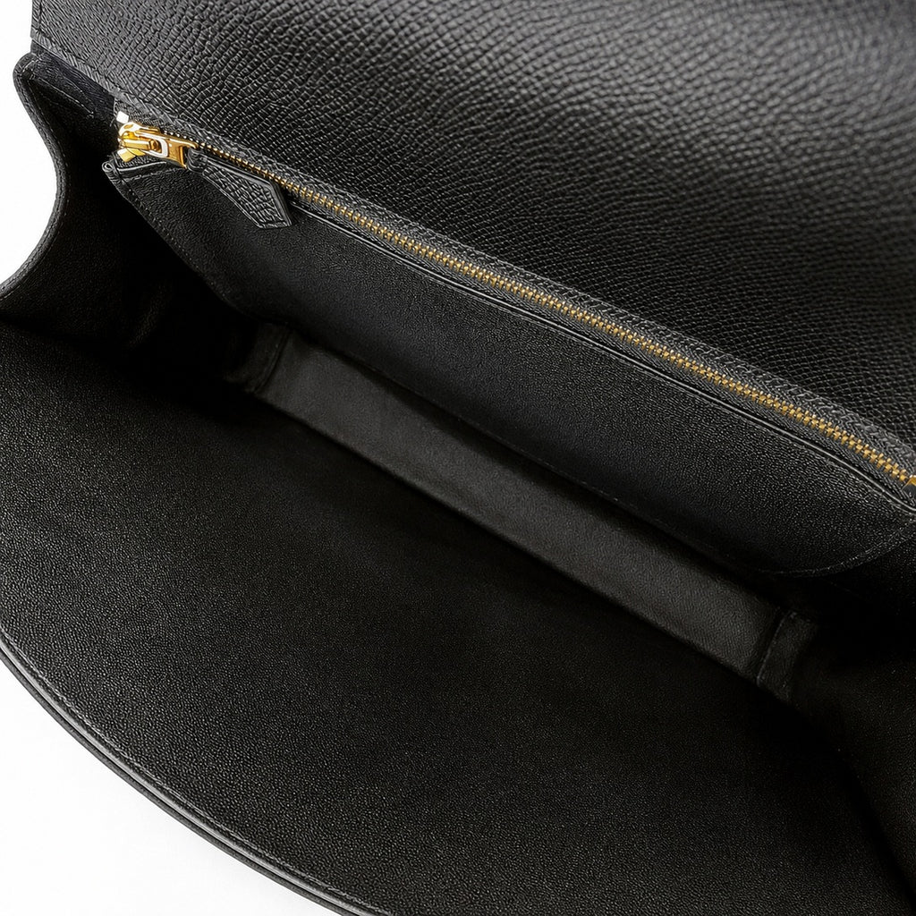 Kelly depeches 36cm Epsom Leather 89 Noir Black top handcrafted — Distinctive Clutch Silhouette