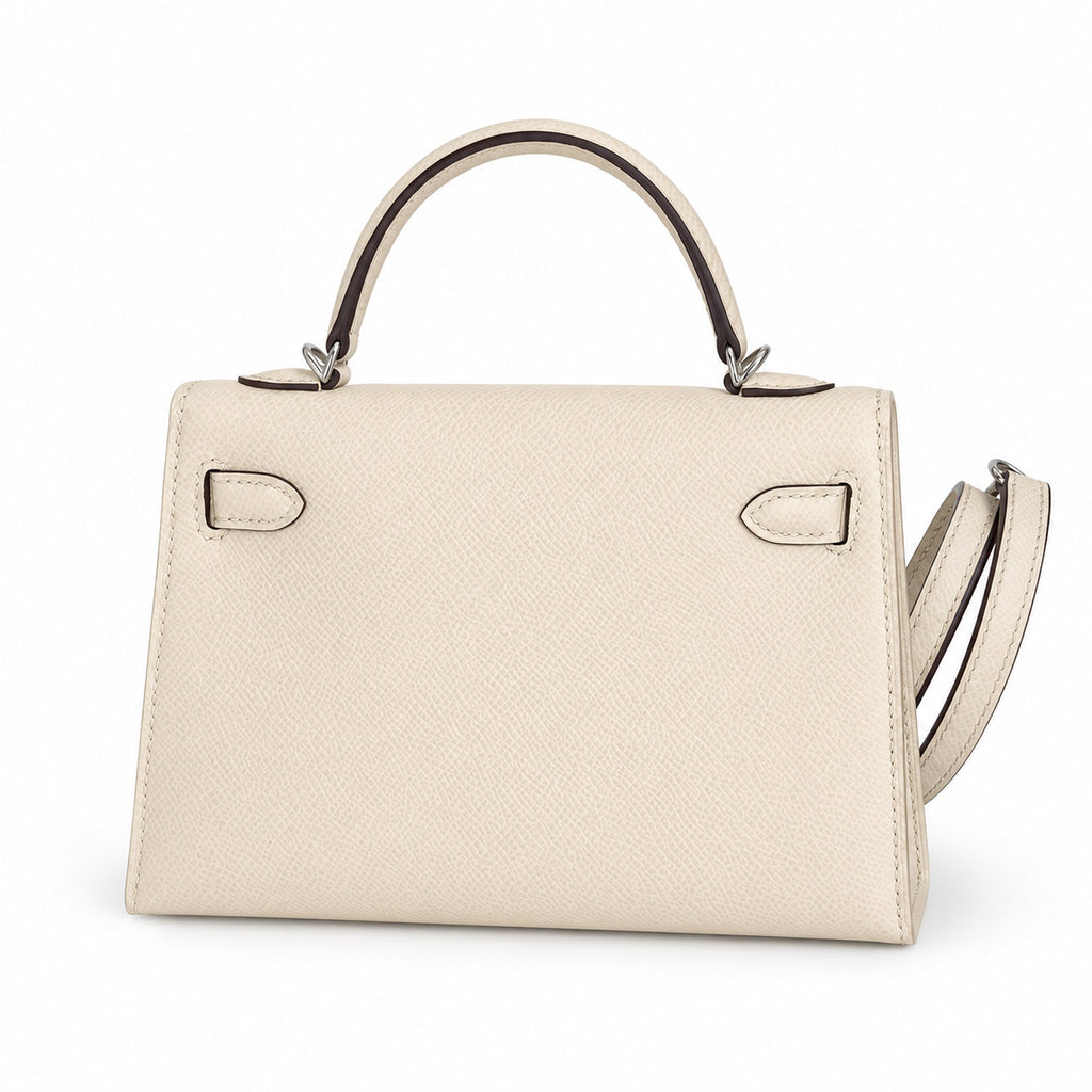 handmade Mini Kelly II 19cm imported Epsom Leather cream White Silver Buckle — Elegant Compact Carry Style