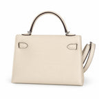 handmade Mini Kelly II 19cm imported Epsom Leather cream White Silver Buckle — Elegant Compact Carry Style