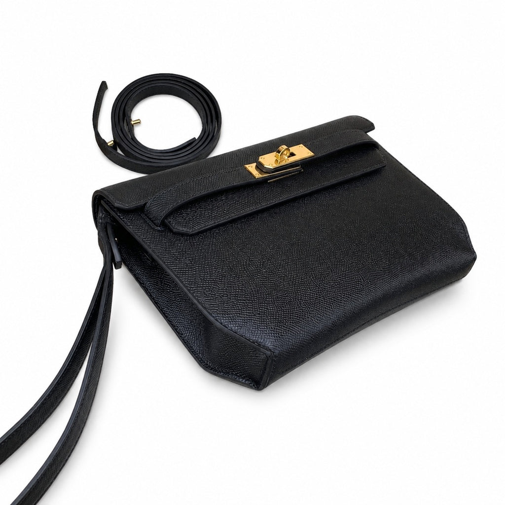 Kelly Depeches 25cm Epsom Leather 89 Black Gold Buckle — Sophisticated Compact Carry