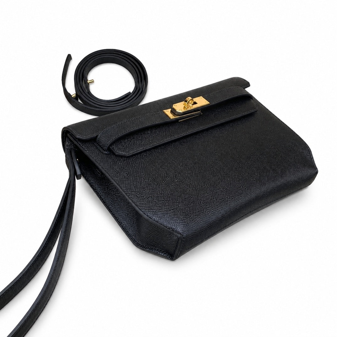 Kelly Depeches 25cm Epsom Leather 89 Black Gold Buckle — Sophisticated Compact Carry