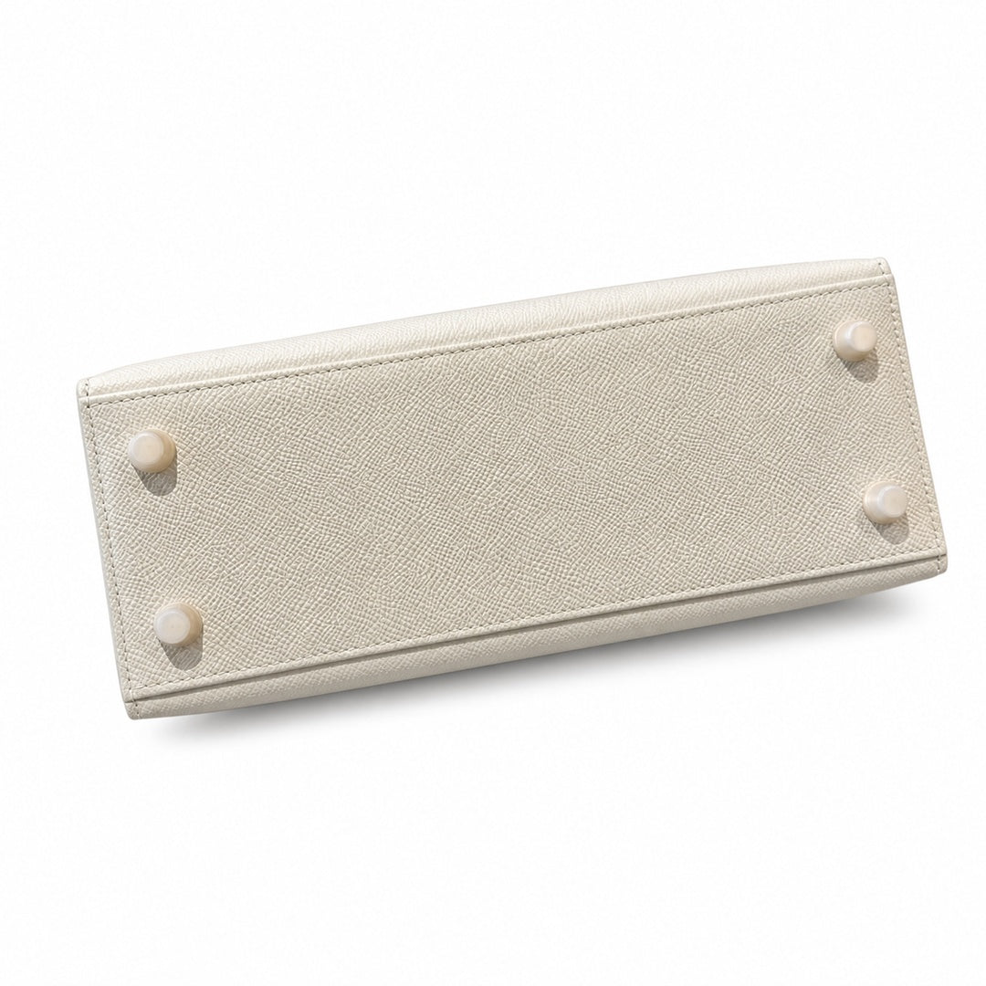 Kelly 25cm in Milkshake White Epsom Leather with Gold Buckle Handmade — Refined Top-Handle Bag