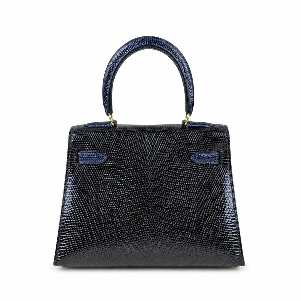 Kelly 20cm in blue lizard Leather Handmade — Structured Top-Handle Handbag