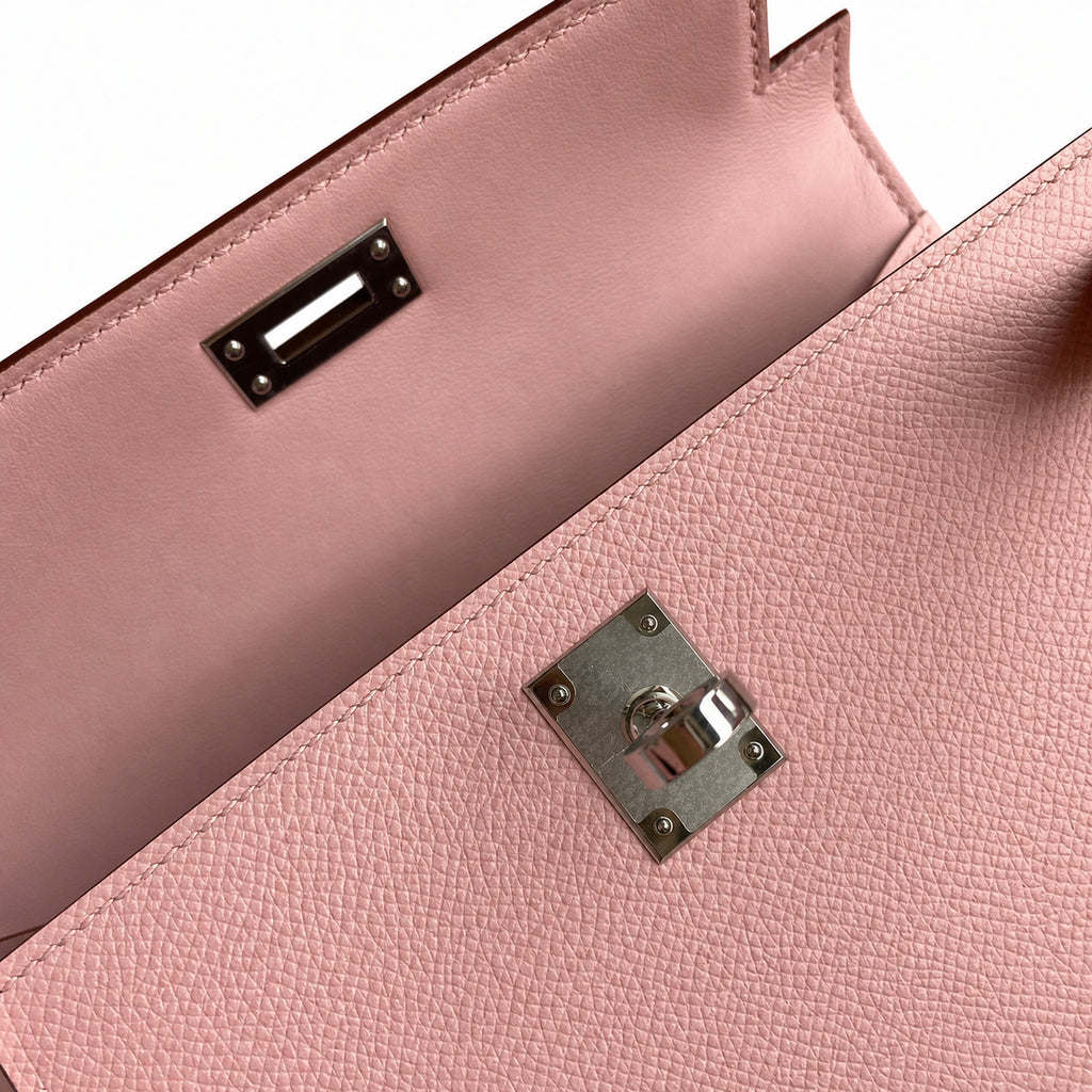 handmade Mini Kelly II 19cm imported Epsom Leather 3Q Pink Silver Buckle — Polished Compact Handbag