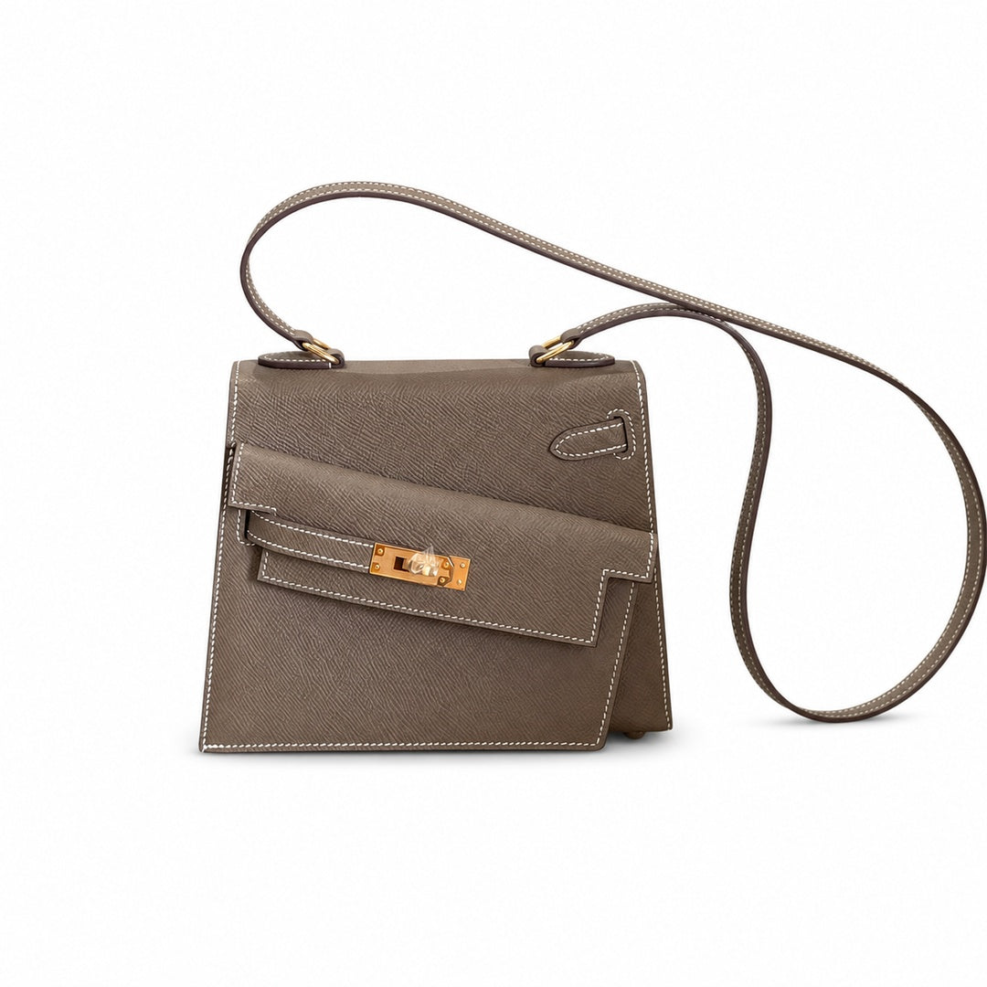 Kelly Double-Sided Epsom Leather in Elephant Gray with Gold Buckle — Distinctive Double-Sided Handbag