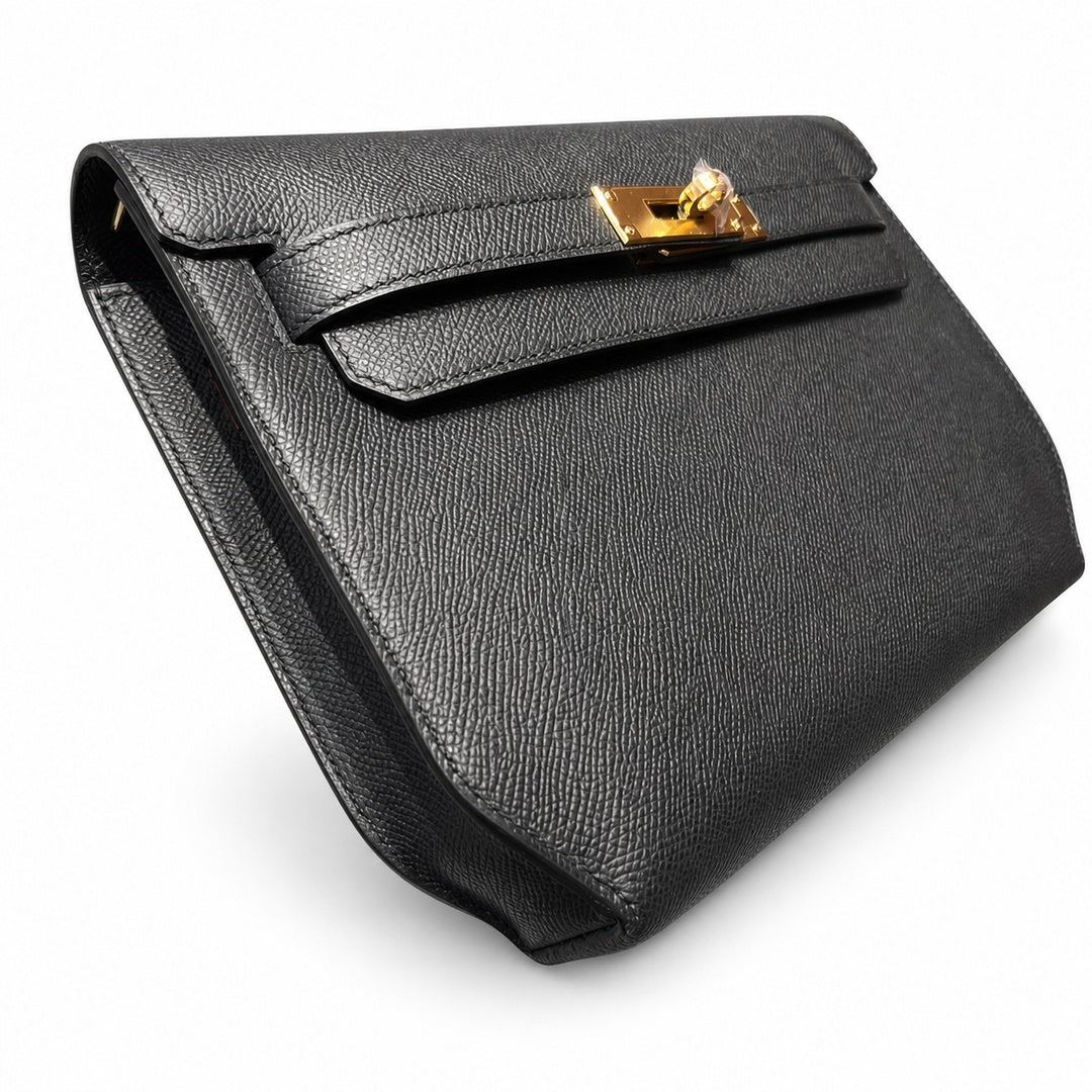 Kelly Depeches 25cm Epsom Leather 89 Noir Black top handcrafted — Versatile Hand-Carry Clutch