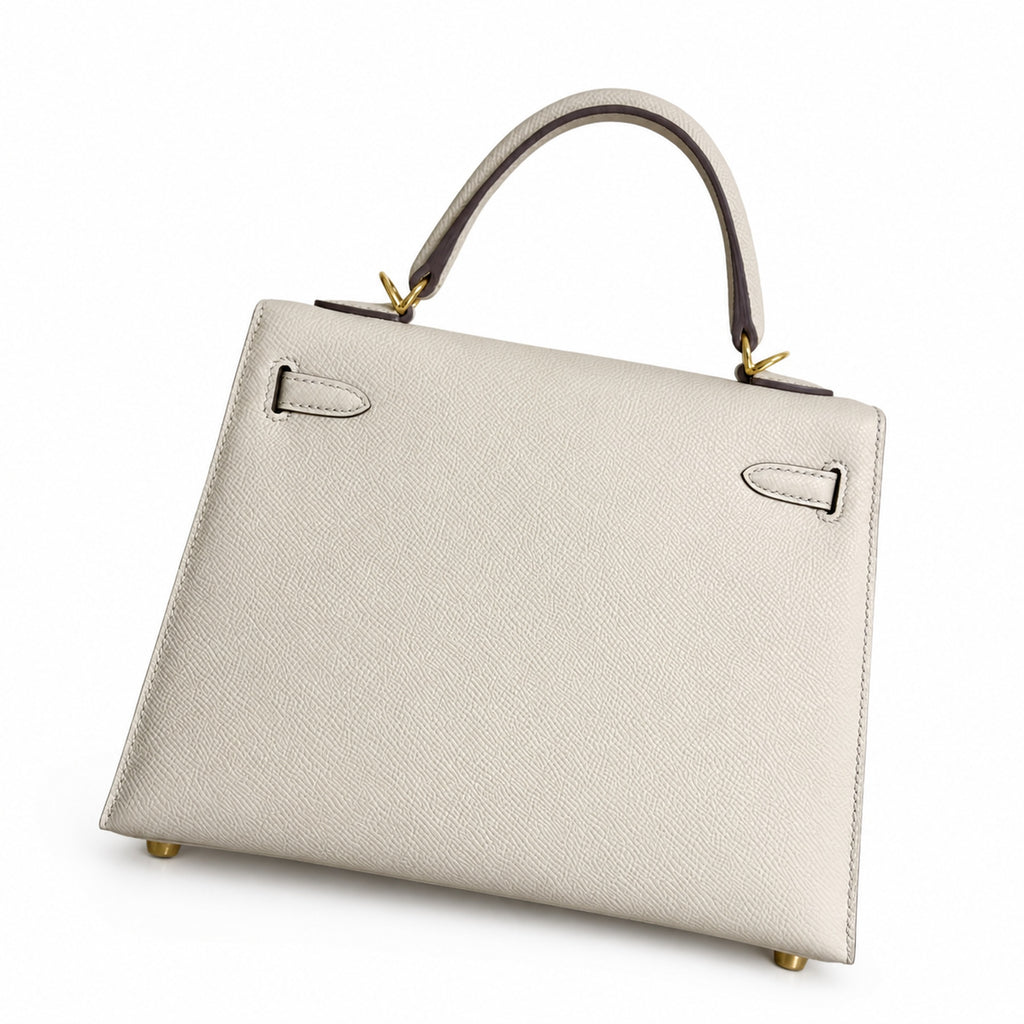 Milkshake White, Gold Buckle and Silver Buckle, Kelly 25, imported Epsom — Polished Structured Handbag