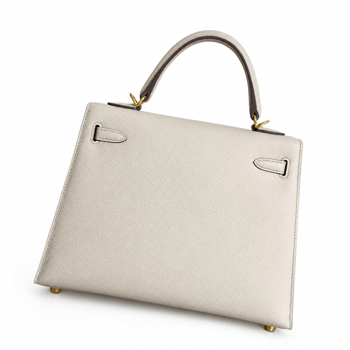 Milkshake White, Gold Buckle and Silver Buckle, Kelly 25, imported Epsom — Polished Structured Handbag