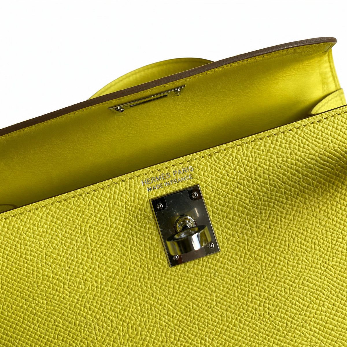 handmade Mini Kelly II 19cm imported Epsom Leather lemon yellow Silver Buckle — Streamlined Mini Handbag
