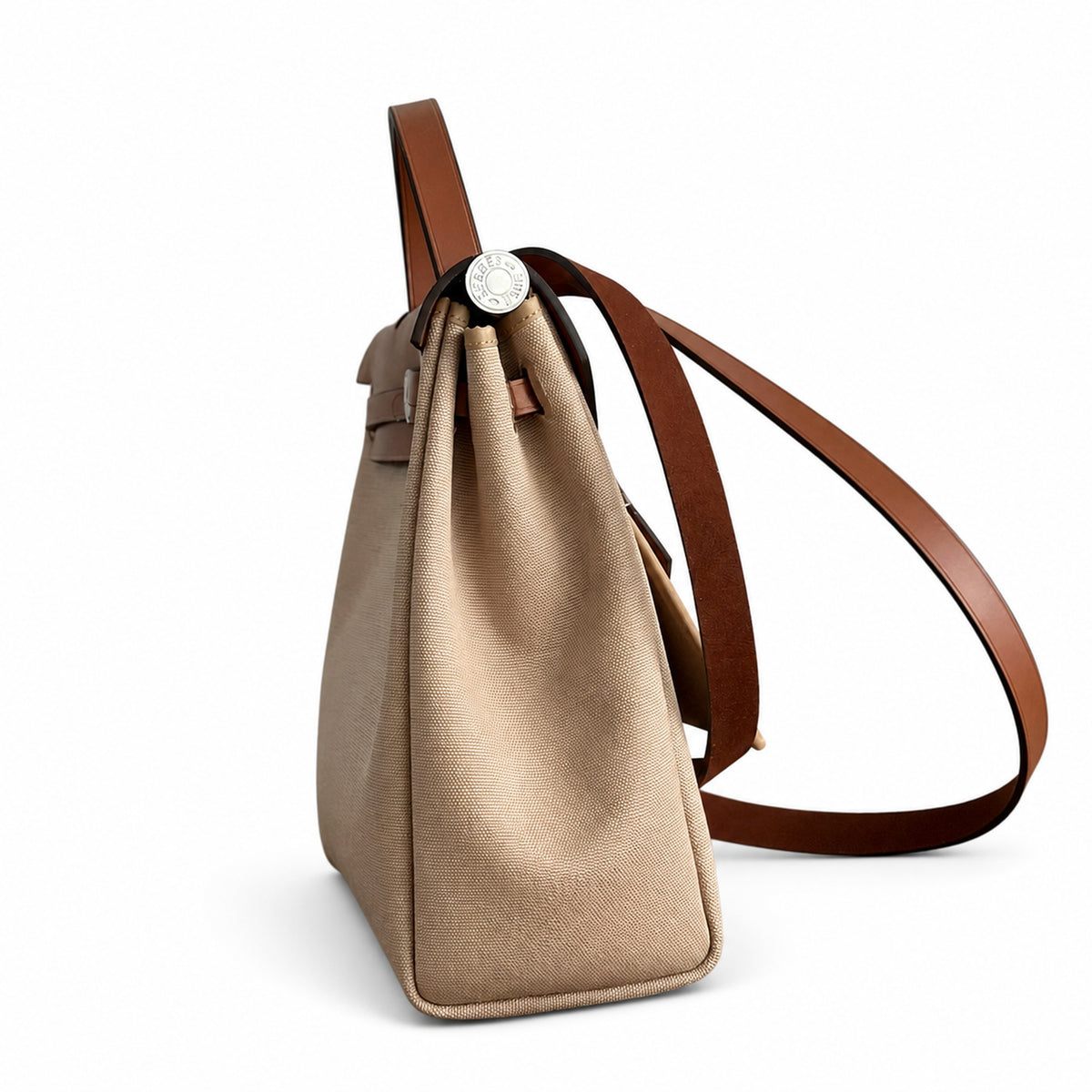 Herbag 31cm Saddle-Inspired Canvas Body with Leather Handle and Shoulder Strap — Canvas Shoulder Bag with Leather Accents