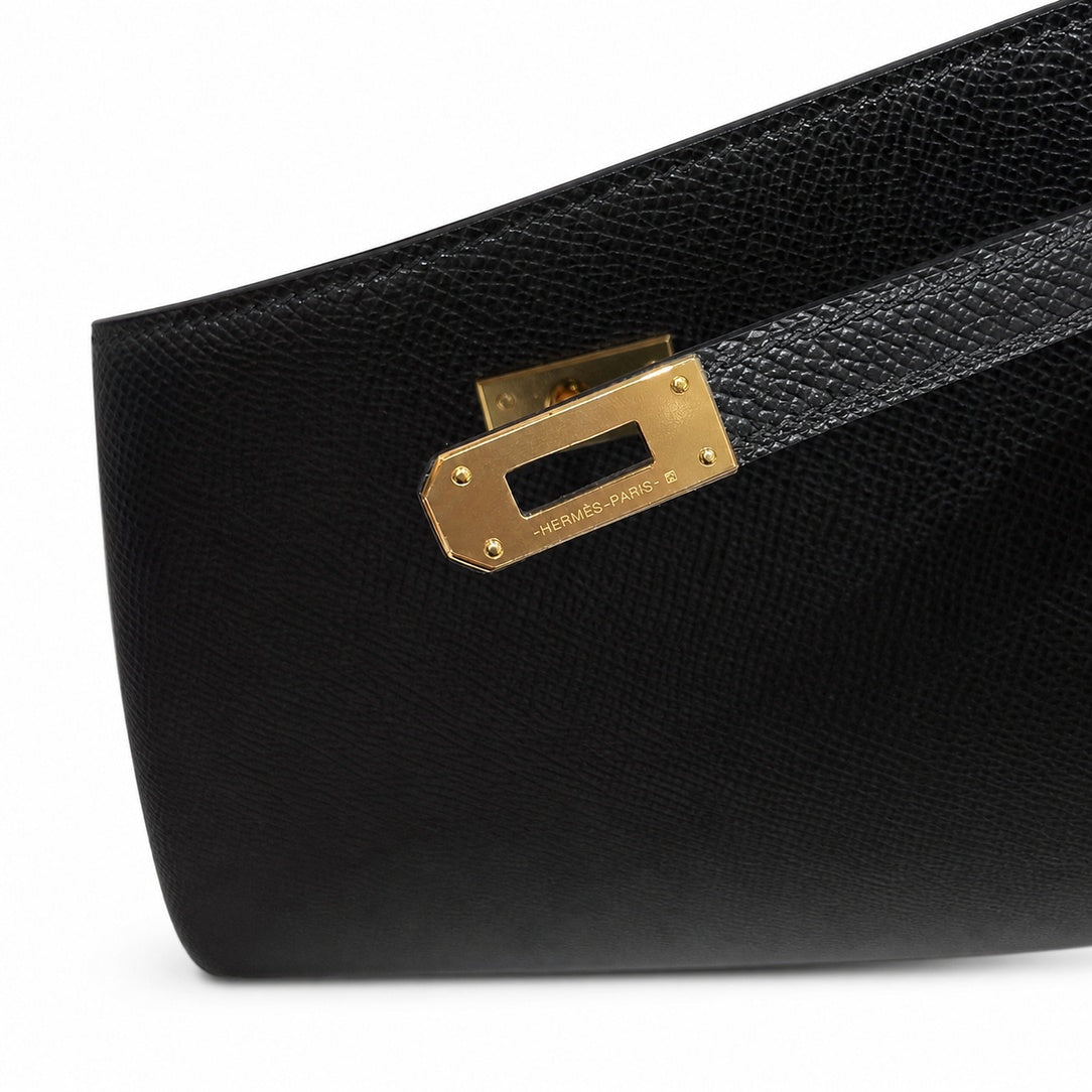 Refined Small Hand-Carry Bag: Kelly to go Color: ck89/Noir Size: 19*11.5*1.5cm Leather: Epsom Hardware: Gold shoulder crossbody bag, clutch bag, Black, cowhide, Gold Buckle