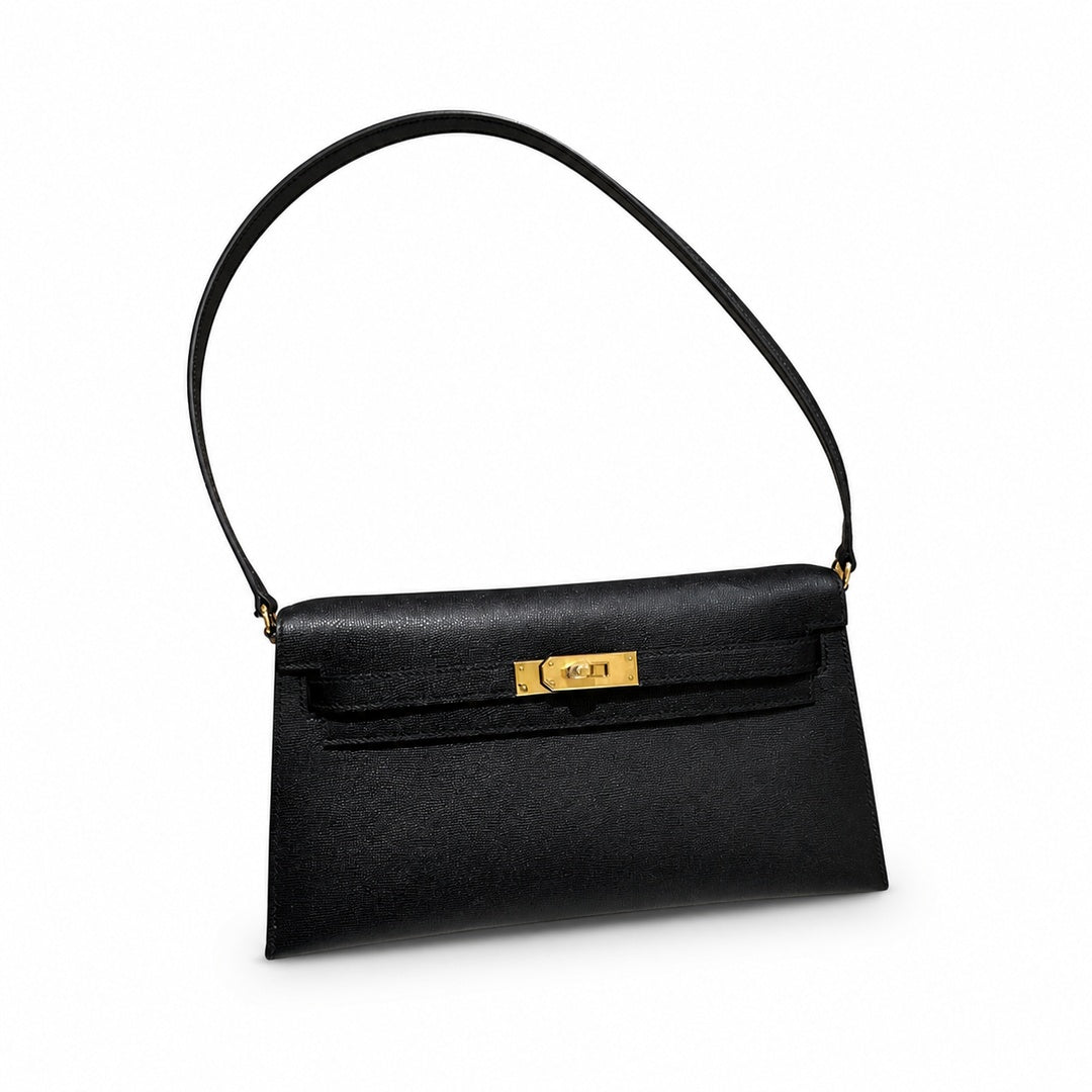Kelly Elan 25 Underarm Baguette Bag in Black with Gold Buckle — Streamlined Elan Carry Design