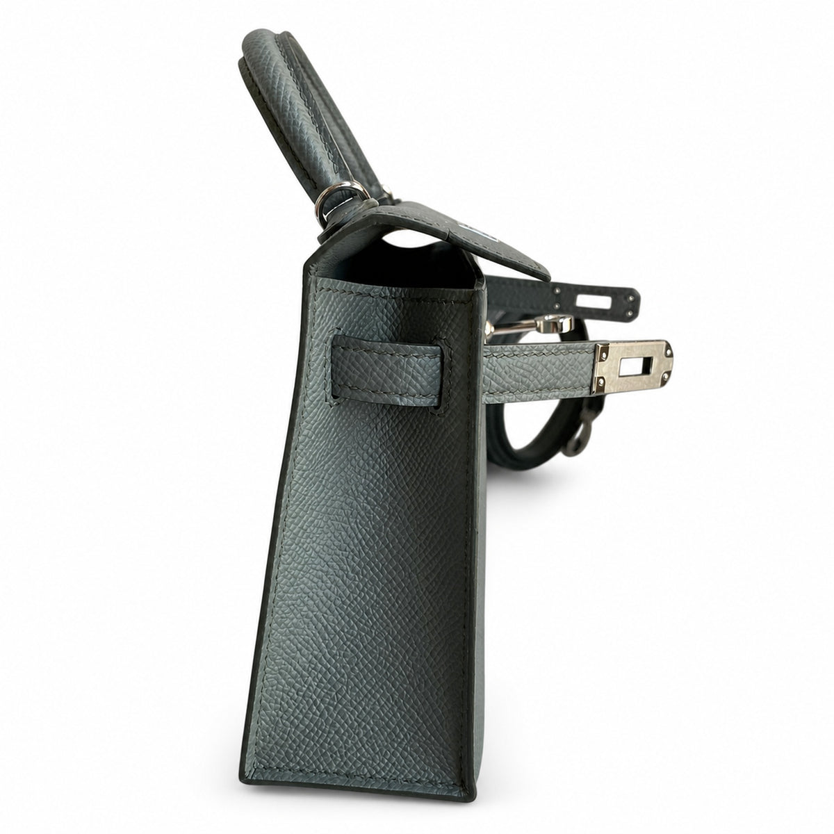 handmade Mini Kelly II 19cm imported Epsom Leather almond green Silver Buckle — Streamlined Mini Handbag