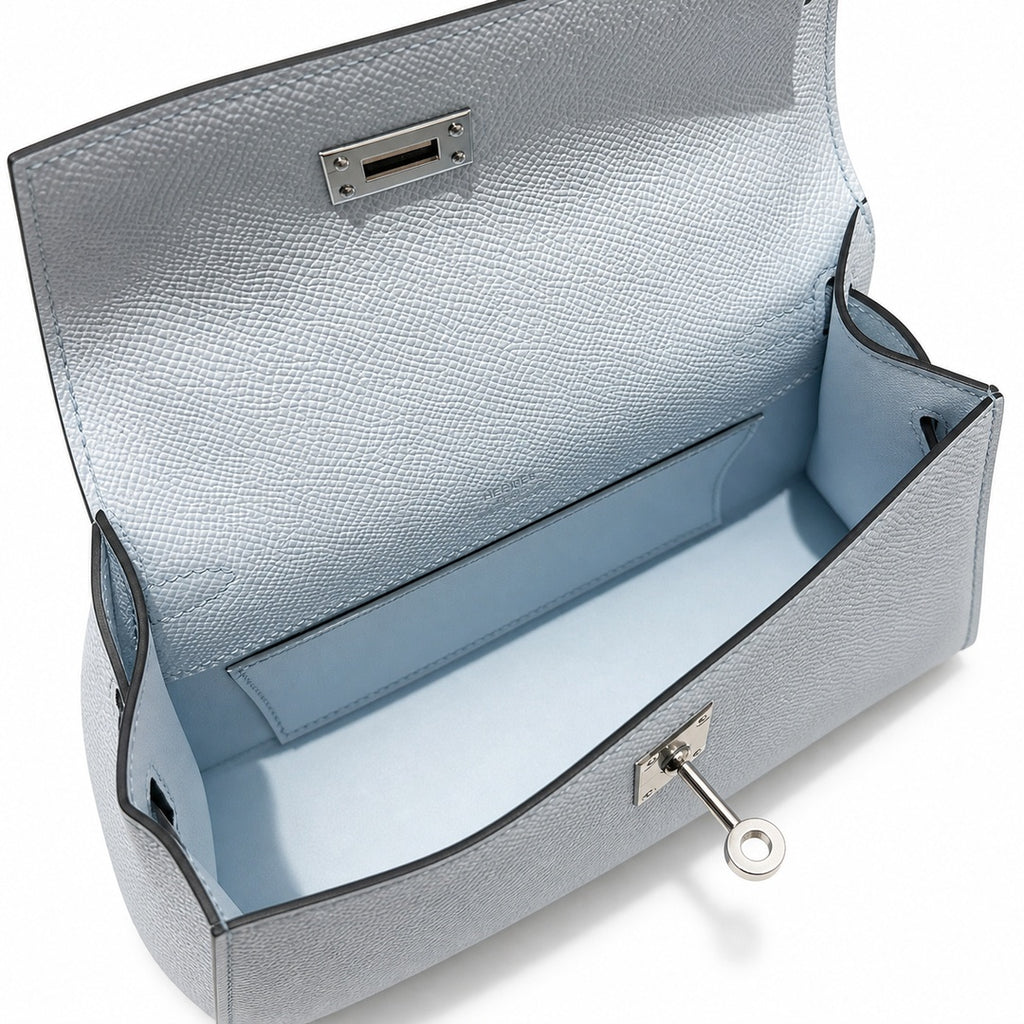Mini Kelly 22cm in Bleu Brume Epsom Leather with Silver Buckle — Elegant Compact Carry Style
