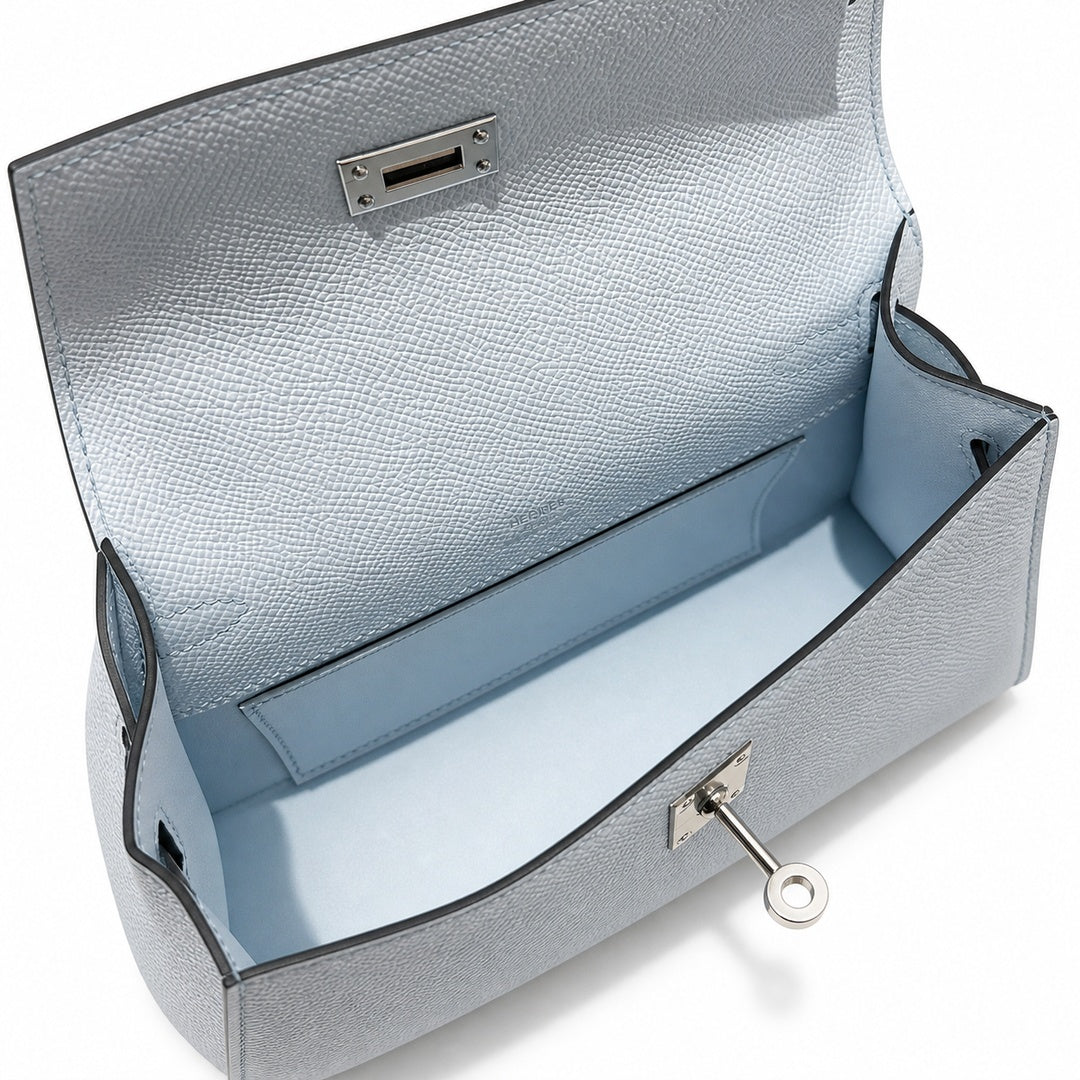 Mini Kelly 22cm in Bleu Brume Epsom Leather with Silver Buckle — Elegant Compact Carry Style