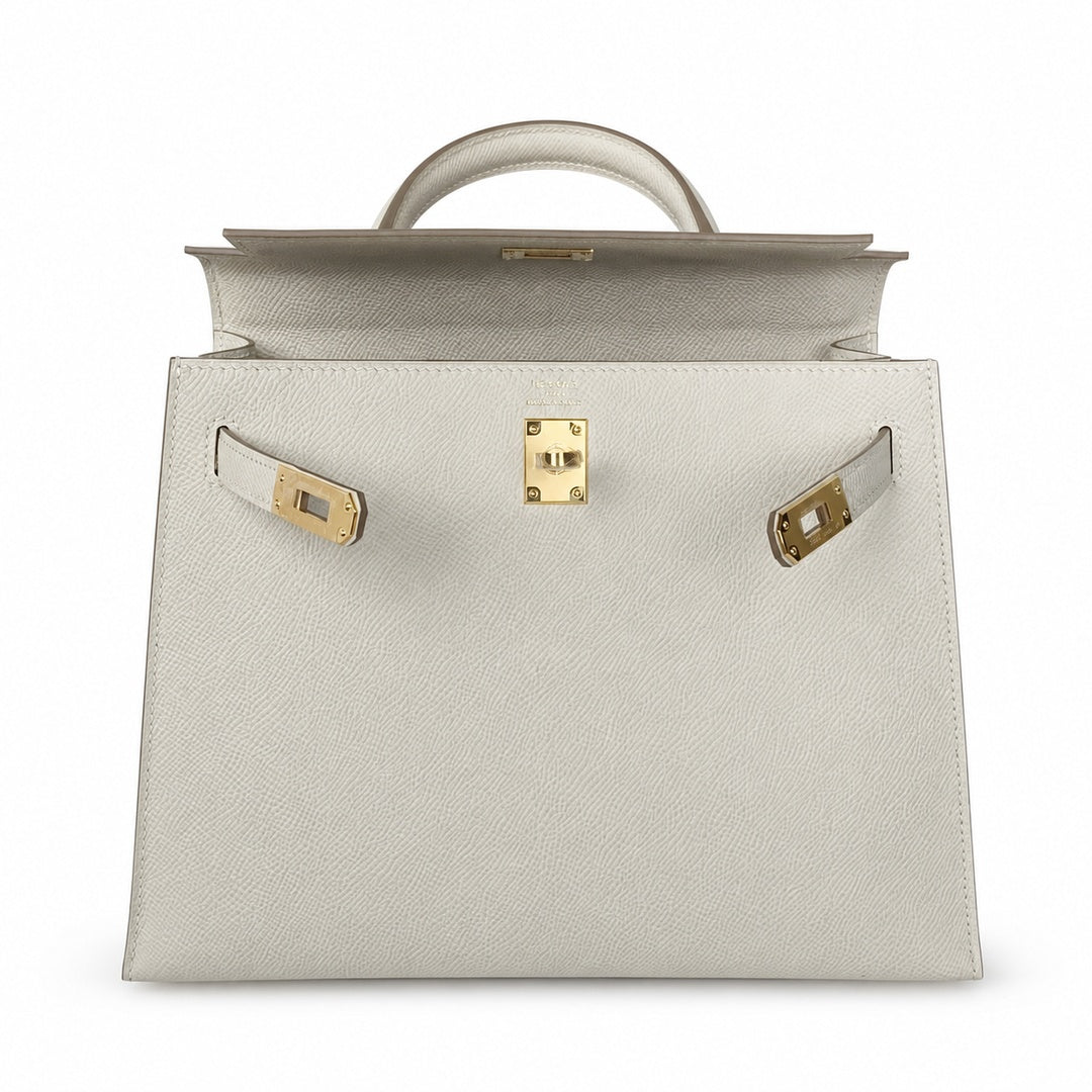 Kelly 25 Milkshake White Epsom Gold Buckle handmade with wax thread — Distinctive Hand-Carry Bag